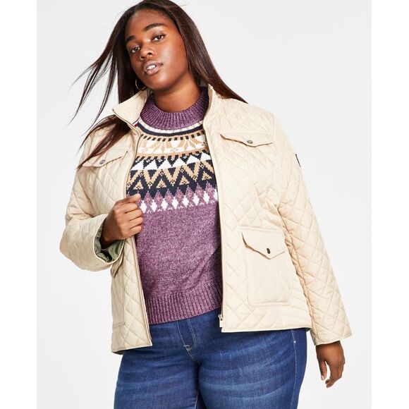 Plus Size Quilted Stand-Collar Jacket Khaki 1X - Picture 1 of 1